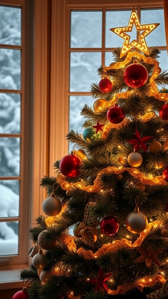 A decorated Christmas tree with lights and ornaments in front of a snowy window.